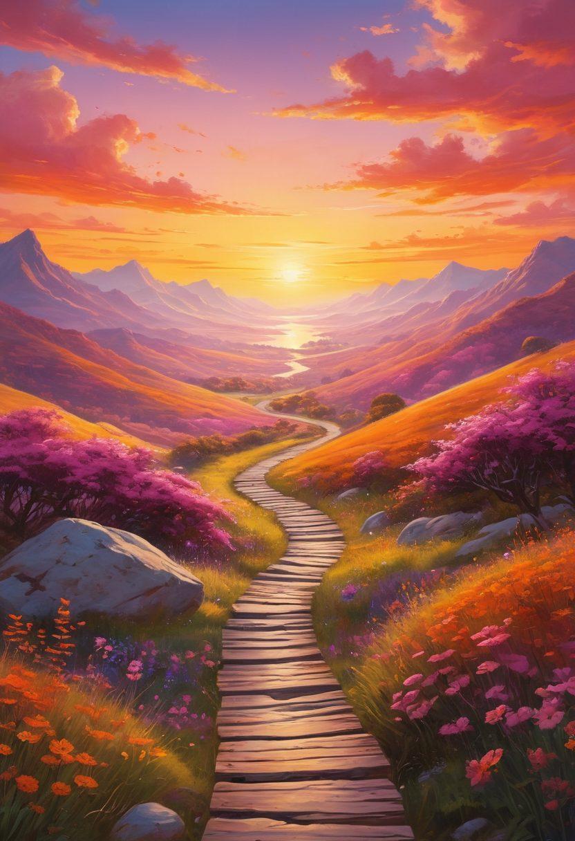 A serene landscape showcasing a winding path leading to a vibrant sunrise, symbolizing a journey to personal freedom and joy. Along the path, illustrations of diverse individuals engaging in joyful activities—yoga, painting, and dancing freely—representing ecstatic living. The sky is filled with warm hues of orange, pink, and yellow, radiating positivity. Emphasize a sense of harmony and self-discovery in the scene. super-realistic. vibrant colors. inspiring atmosphere.