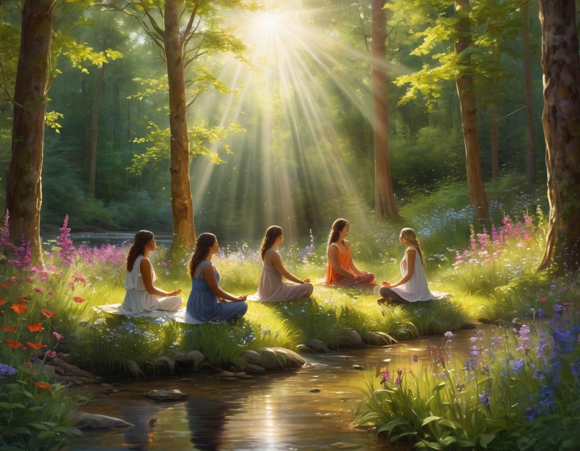 A serene scene depicting a diverse group of people meditating in a sunlit forest clearing, surrounded by vibrant wildflowers representing emotional freedom. Soft rays of sunlight filter through the trees, illuminating their peaceful expressions. In the background, a gentle stream flows, symbolizing the flow of emotions being released. Ethereal butterflies flutter around, conveying transformation and hope. vibrant colors. super-realistic.