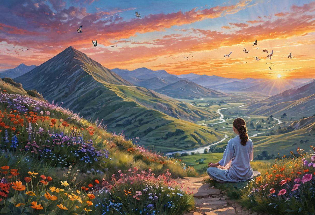A serene landscape featuring a person meditating on a hilltop, surrounded by vibrant flowers and a soft sunset illuminating the sky. Butterflies flutter around, symbolizing freedom and joy. In the background, a winding path leads to distant mountains, representing the journey of self-discovery. The atmosphere is filled with a sense of peace and liberation. soft pastels. super-realistic. vibrant colors.